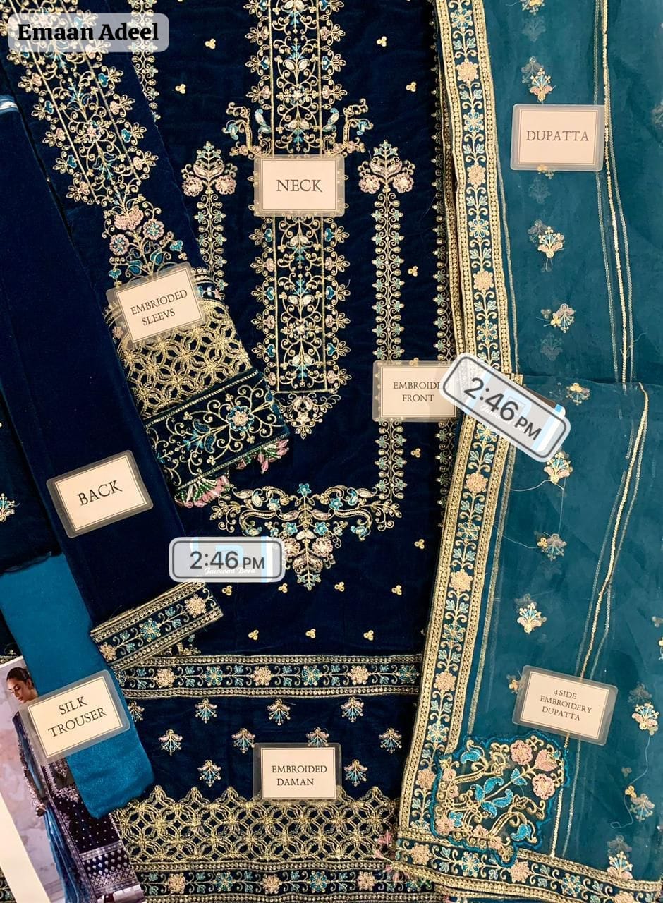 Unstitched 3 Piece Heavy Embroidered Velvet Suit – Zink Blue