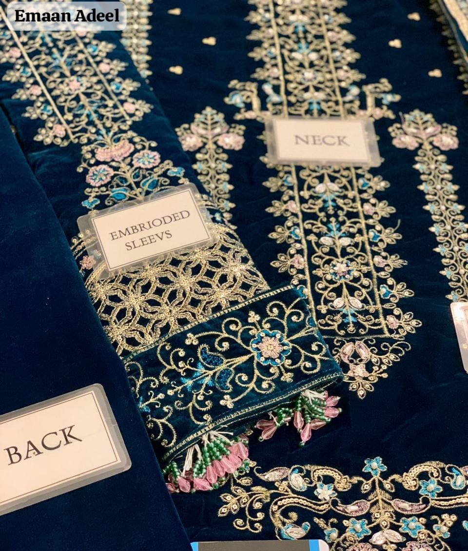 Unstitched 3 Piece Heavy Embroidered Velvet Suit – Zink Blue